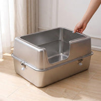Enclosed Cat Toilet with Lid, Large Pet Toilet in Stainless Steel Metal Waste Receptacle Style, Fully Enclosed Indoor Cat Toilet for Odor Control