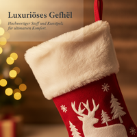 Christmas Stockings with Embroidered Reindeer and Snowflake Designs, Red and White Holiday Gift Bags