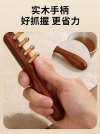 Pure Brass Long-Handle Massage Comb for Scalp and Head Meridian, Thick Wide Teeth, for Men and Women, Gold Silk Sandalwood Comb