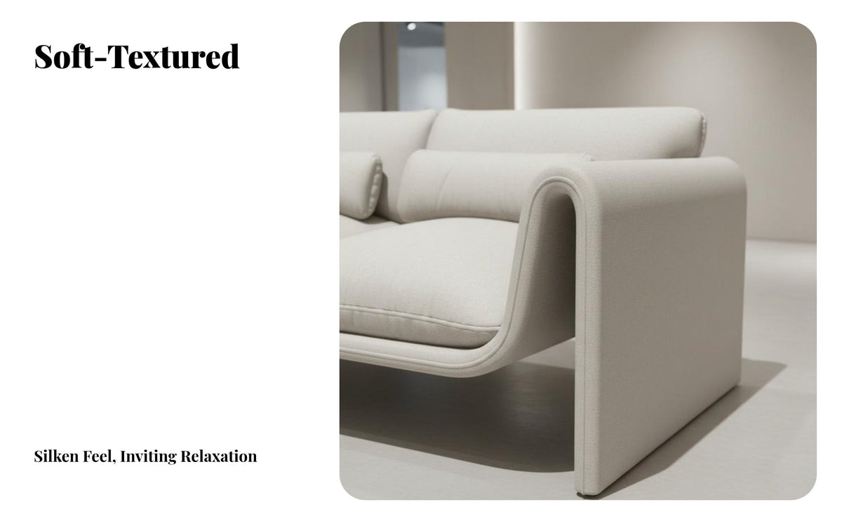 Modern Minimalist Design Curved rear Settee Italian & aesthetic Sofa Soft Textured textile Couch space-saving Size for Small Apartment Residents, Bavailableique Owners, Interior Designers, Living Room, Studio, Office, Waiting Area