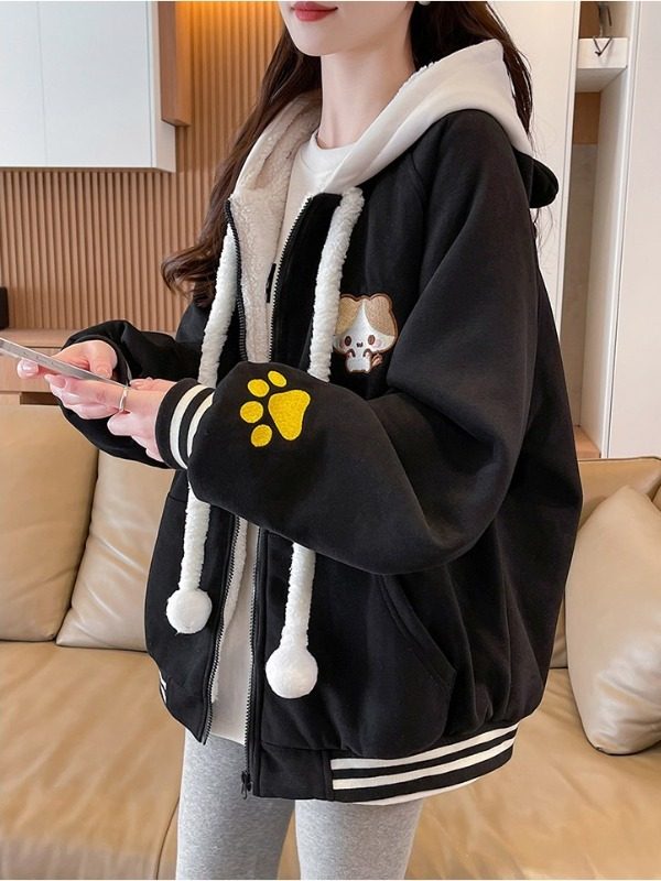 羊羔毛连帽卫衣外套女2025秋冬新款青少年学生加绒加厚棒球服棉衣