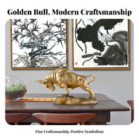 Golden Bovine Statue Nordic Design Charging Bovine Figurine Desktop Decor Imitation Bronze Finish Detailed Features