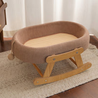 Elevated Cat Bed Rocker Lounger, Wood Frame Oval Basket for Indoor Cats, Universal Season Breathable Silicone Mat for Sleeping and Playing Use