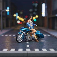 Highly Detailed Blue Motorcycle with Female Figure Hand-Painted 1:64 Scale Motorcycle Girl Female Rider Diorama Figure for Collectors, Hobbyists, Desktop Decoration