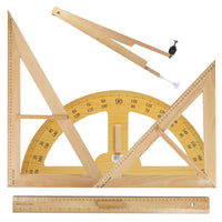 Wooden Math Geometry Set with Triangle, Protractor, Compass