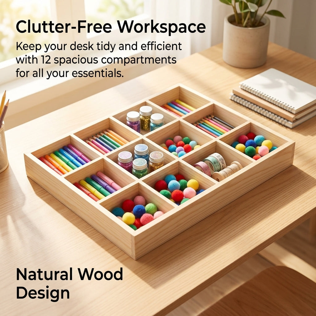 Desktop Organizer with Multiple Compartments, Wooden Sorting Box for Classroom Organization, Pine Wood Rectangular Storage for Teachers and Stationery