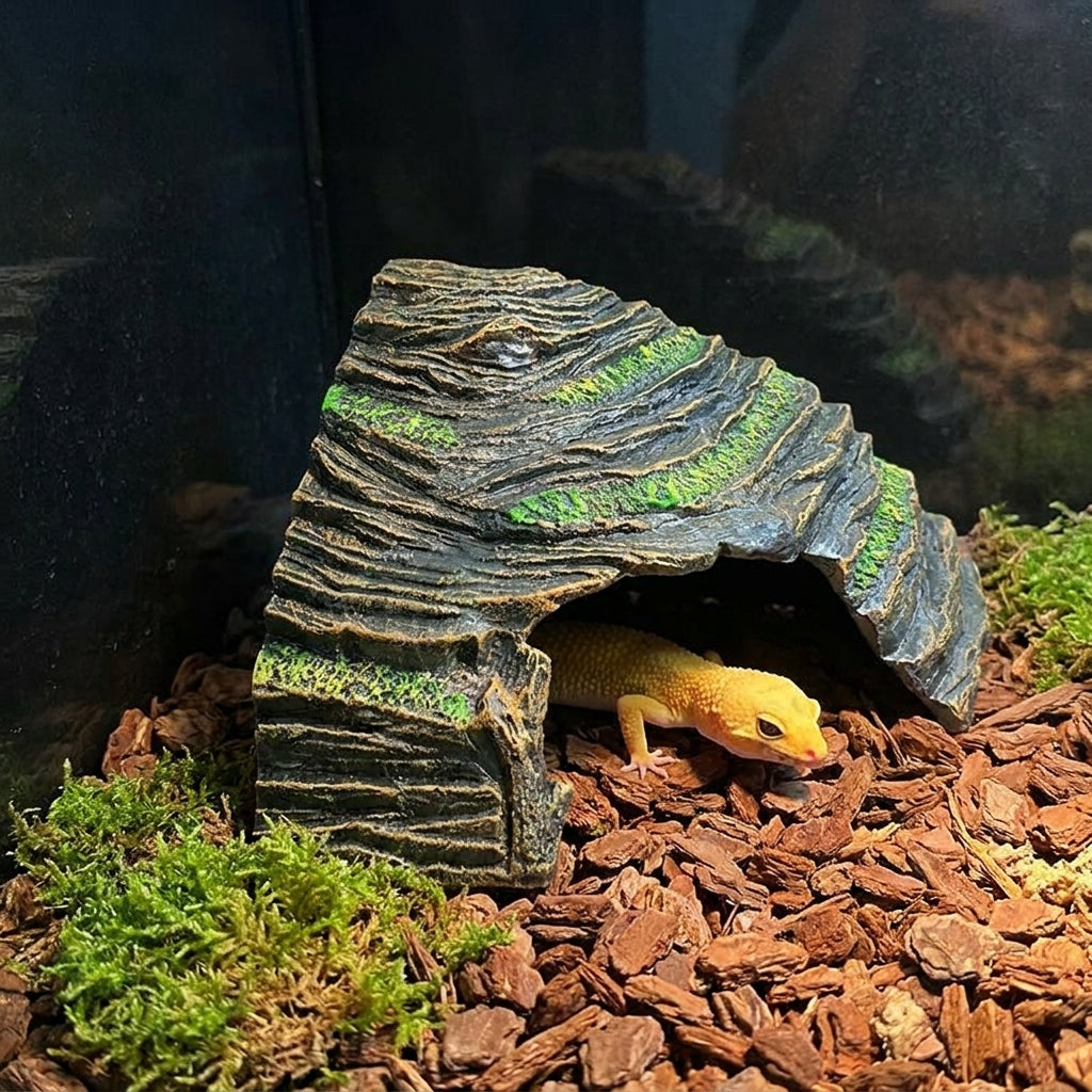 Snake Hide and 13*20cm Reptile Hideout, Lightweight Reptile Cave for Geckos and Spiders, Textured Aquarium Ornaments in Dark Gray