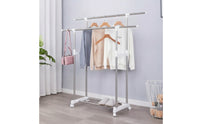Telescoping Double Rod Garment Rack Space-Saving Rolling Clothes Rack with Shelf Easy Mobility Sturdy for Laundry Room