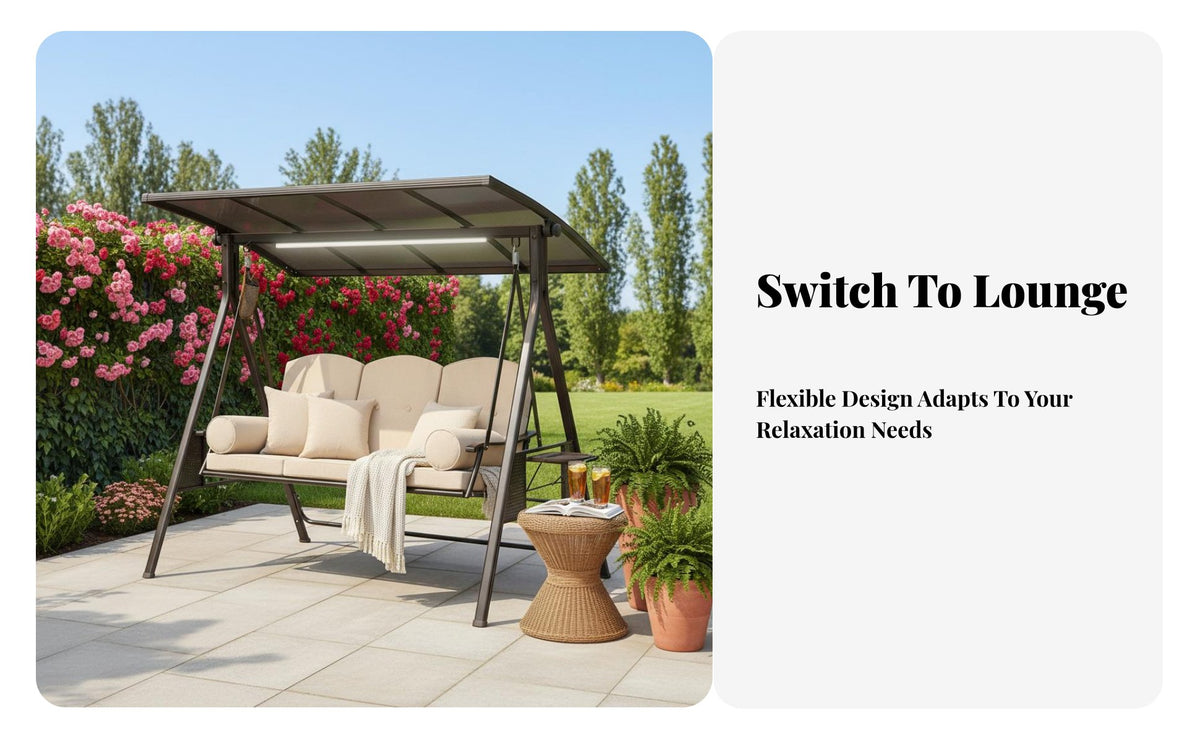 3 Seater Canopy Swing Sturdy Steel Frame 3-Seat Canopy Swing Comfortable Cushions for Families, Homeowners, Backyard, Balcony, Poolside