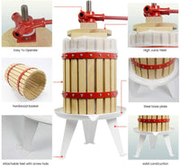 6L Manual Basket Apple Press for Cider and Wine Making, Beech Wood