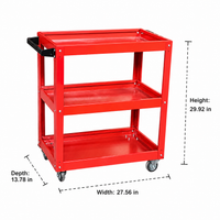 3-Tier Rolling Tool Cart, Red Painted Steel Service Cart 70x35cm, Mechanic Workshop Trolley with Locking Wheels