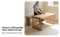 Linen Textile Upholstery Teahouse Table and Chair Combination Rounded Corners Chinese Design Wooden Booth Set Ergonomic Design Modern Solid Wood Lounge Furniture for Restaurant Owners, Hotel Managers, Interior Designers, Homestay, Reception Area