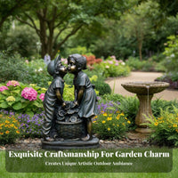Boy and Girl Garden Statue Whimsical Design Children Garden Sculpture Hand-Painted Details Boy and Girl Water Feature Statue for Grandparents, Patio