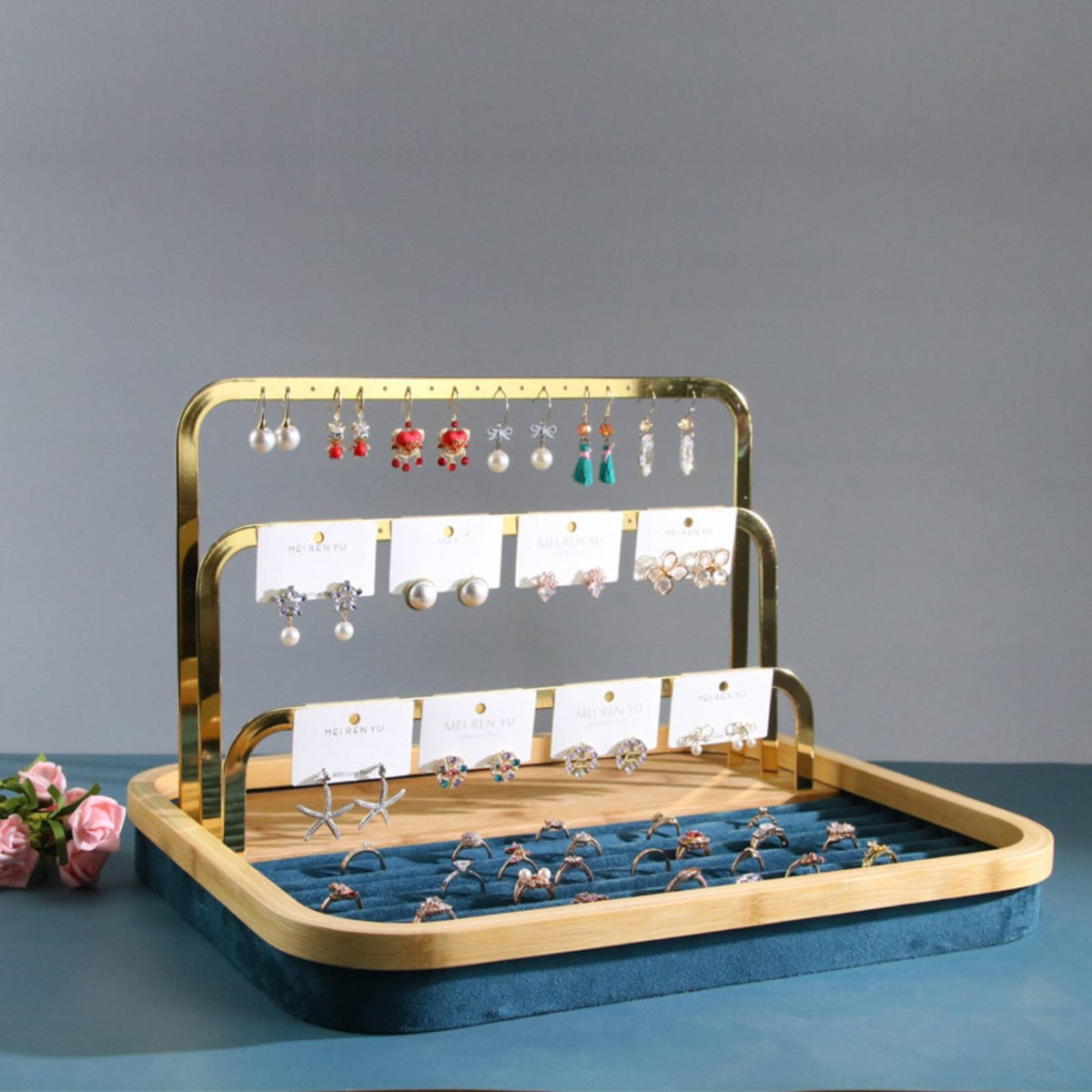Jewelry Display Stand Gold-Tone 3 Tier Jewelry Stand Wooden Earrings Holder with Tray