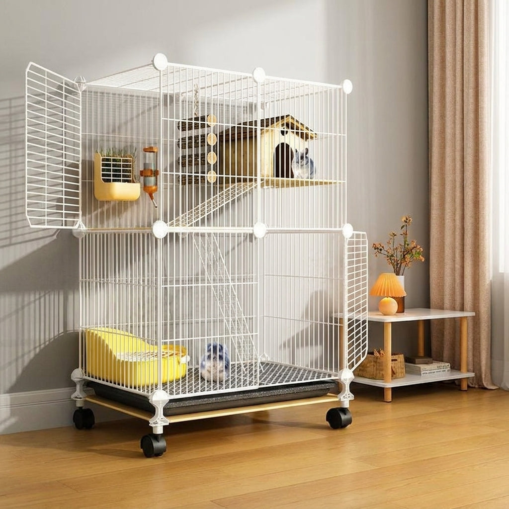 Triple Tier Cage and Hamster Cage, Well Ventilated Frame with Sliding Door and Removable Tray, 74x37x82cm Habitat for Hamsters