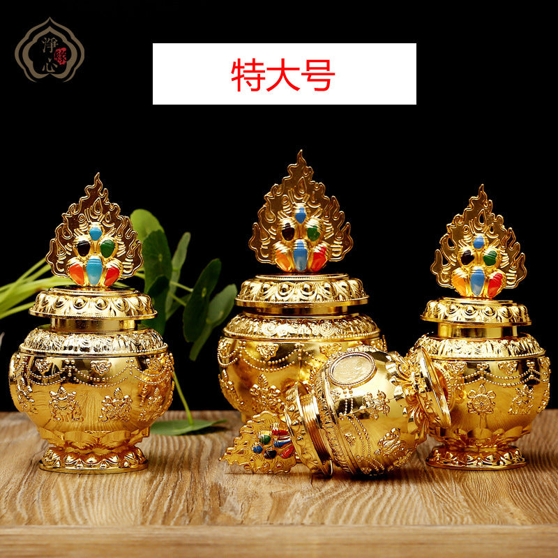 Painted Gold-Plated Alloy Buddhist Treasure Vase with Auspicious Symbols