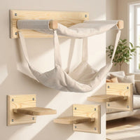 Cat Climbing Frame with Wall Mounted Bed and Hammock, Solid Wood Five-Tier Perch for Large Indoor Cats, Space-Saving Wood and Textile Set