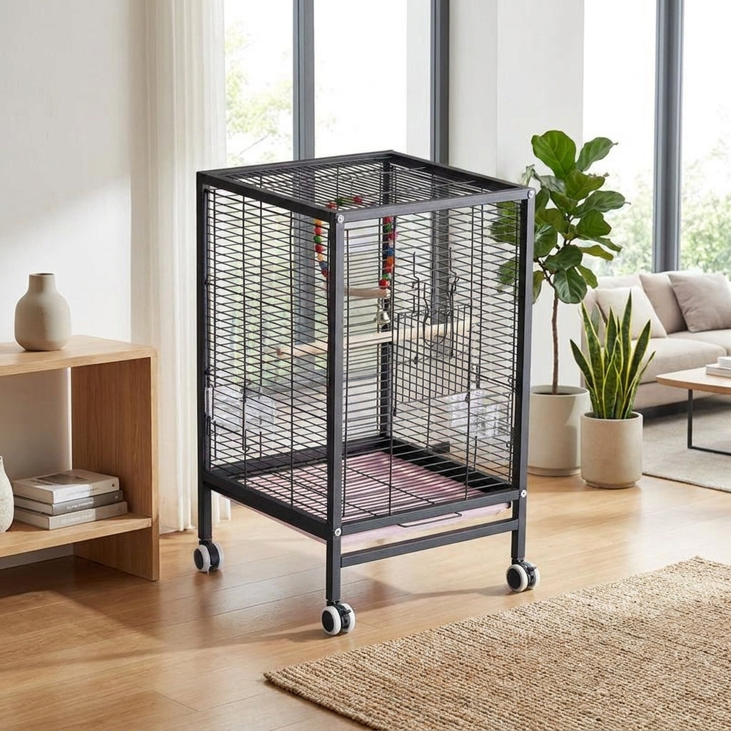 Flat Top Bird Cage for Budgies and Conures, Multiple-door Parrot Habitat, Indoor Outdoor Cockatiel Enclosure, Finch Set with Visible Accessories