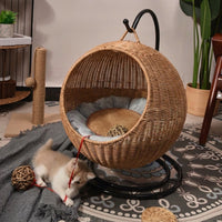 Hanging Cat Bed with Rocking Stand, Imitation Rattan Basket Cat Hammock, Modern Indoor Nest for Pets, Washable Cat Bed Cushion, Single Level