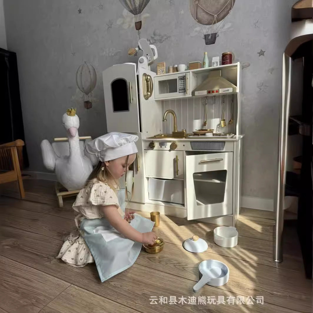 Golden Kitchen Wooden Pretend Play Kitchen Toy with Lights and Sound Effects