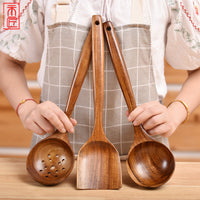 不粘锅木铲子泰国柚木长柄炒菜锅铲煎铲木汤勺厨房烹饪勺铲套装