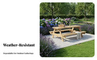 durable Wood Construction Wooden Table with Benches Weather-Resistant Angular Frame Dining Bench single-Piece Design Outdoor Furniture Natural Finish for Restaurant Owners, Families, Homeowners, Backyard, Deck, waterside