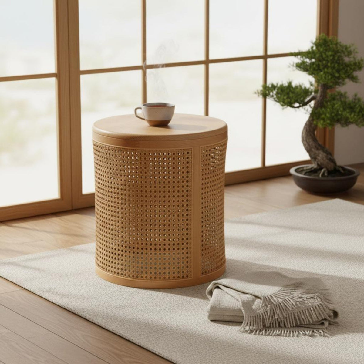 Multi-Functional Round Woven Side Table with Lid Japanese Inspired Design Round Side Table with Storage Space-Saving Organizer Basket Decorative Design for Apartment Dwellers, Homeowners, Interior Decorators, Bedroom, Living Room, Small Areas, Entryway