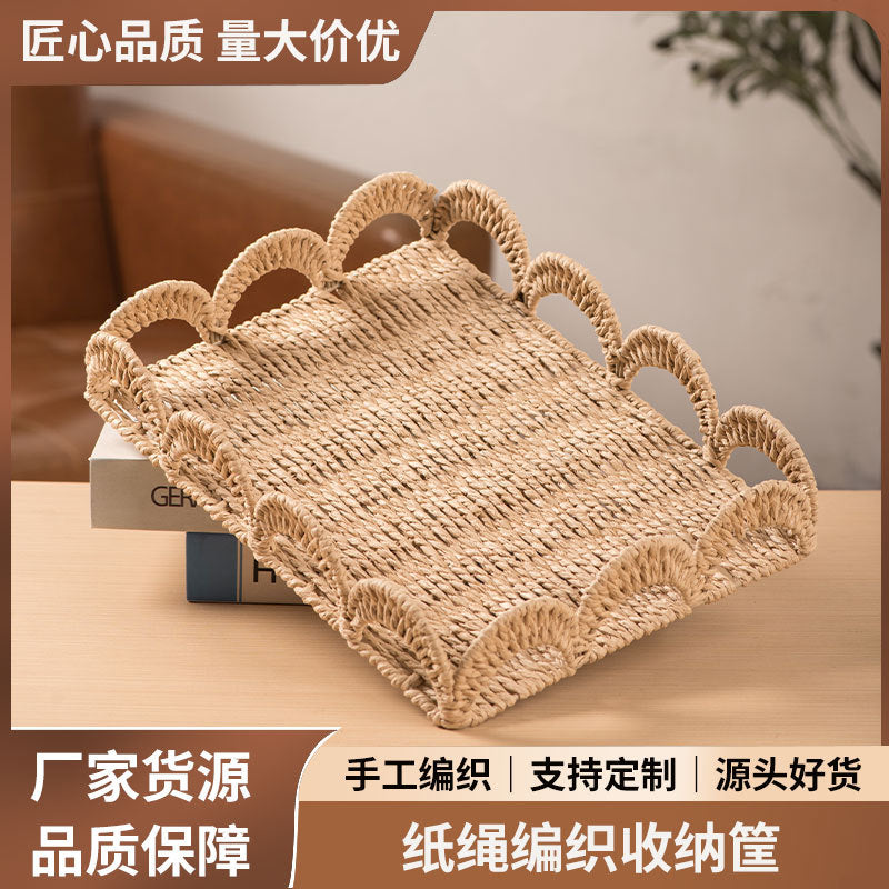 手工纸绳编织收纳篮家用桌面杂物收纳篮厨房果蔬置物篮现货批发