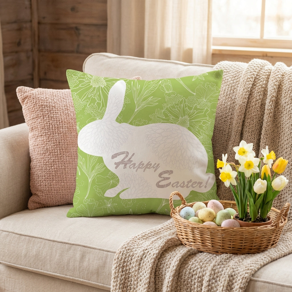Easter Bunny Pillow Cover Breathable Material Linen Bunny Pillowcase Spring Theme Linen Easter Decorative Pillowcase for Parents, Bedroom, Bench