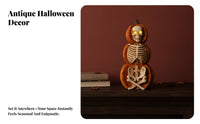 Spooky Skeleton Pumpkin Statue | Distressed Vintage Look, Halloween Tabletop Ornament with Light-up Eyes, Compact Freestanding Design, for Entryway