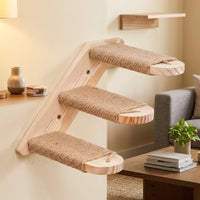 Wall Mounted Cat Shelves and Steps, Wood Climbing Ladder with Sisal Rope, Multi-Tier Indoor Stairs for Play and Rest, Light Wood and Beige Design