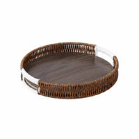 Faux-Rattan Tray Wood-Grain Round Rattan Serving Tray Dark