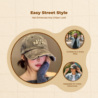 Vintage washed denim sport cap, adjustable fit for women.