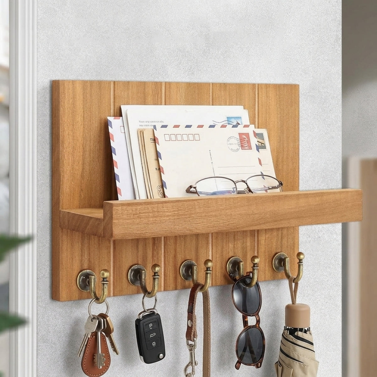 Mail and Key Organizer Rustic Key and Mail Organizer Compact Letter Holder with Hooks for Entryway