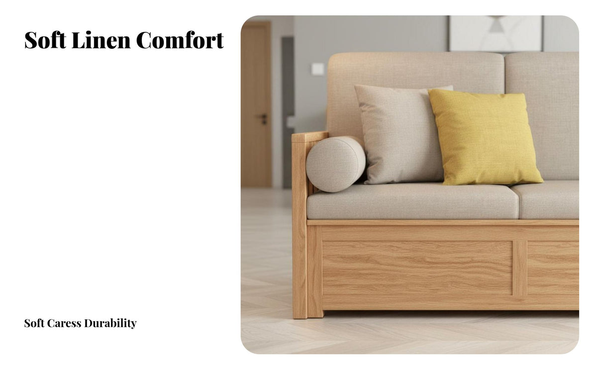 sturdy Wood Frame L-Shaped Storage Settee Minimalist Design Wooden Sofa Removable cushion cases Corner Couch firm-density Foam for Apartment Dwellers, Families, Homeowners, Living Room, Small Spaces, Home Organization