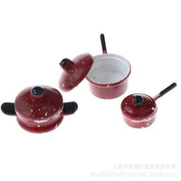1:12娃娃屋仿真金属锅具（红色锅具3件套）厨房diy摆件金属玩具