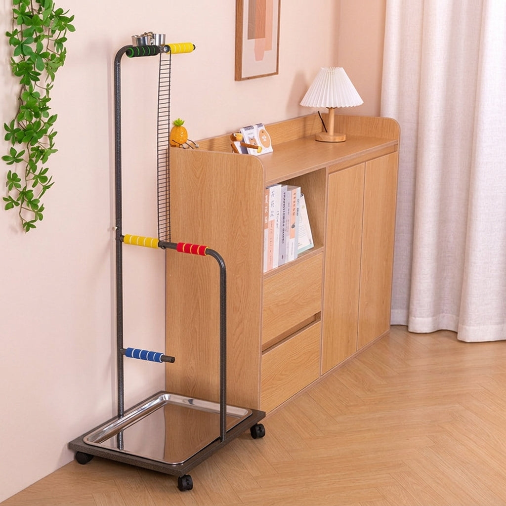 Large Parrot Stand with casters, Metal Multi-Perch Avian Stand for Large Bird, Indoor Pet Bird Stand with Washable Tray, portable activity Gym