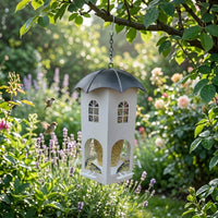 Hanging Bird Feeder, Ornamental Metal Structure, Decorative Garden Decor, Medium Size Outdoor Feeder with 4 Ports, Pearl and Navy Colors