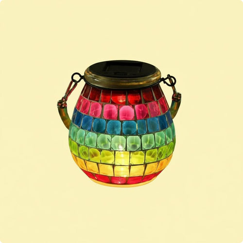 Solar Mosaic Lantern Portable Solar Glass Lantern Handmade Look for Nighttime
