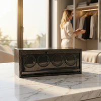 Carbon Fiber Pattern Watch Winder Cabinet 4 Slot Watch Winder with Glass Door Wooden Furniture Rotating for Bedroom