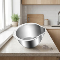 Rice Washing Basin and Washer Colander Bowl with Handle, Food Grade 304 Stainless Steel Side Spout for Rinsing Grains and Washing Vegetables
