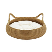 Woven Cat Bed with Cushion Strong Straw Cat Basket with Handles Indoor for Cats