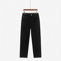 Women Jeans with Elastic Waist for Easy Pull-On, Straight Leg Stretch Denim Trousers for Casual Wear, Comfortable with Waistband