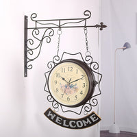 European Iron Art Double-Sided Wall Clock Hanging Clock Creative Pastoral Wall Clock Modern Living Room Bedroom Silent Large