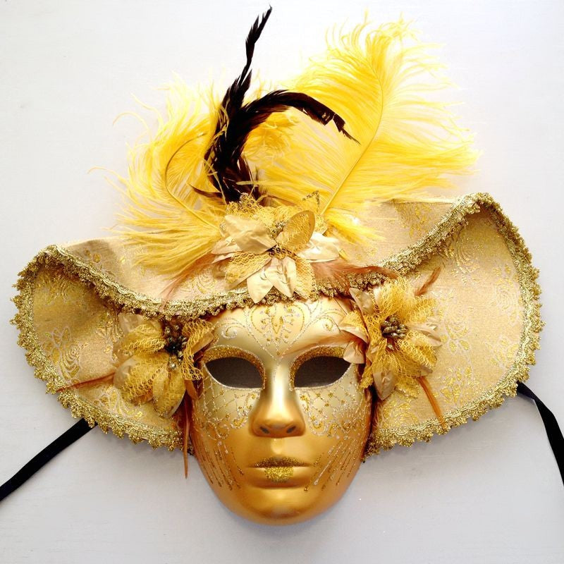 Venetian Carnival Full Face Mask with Large Hat and Feathers