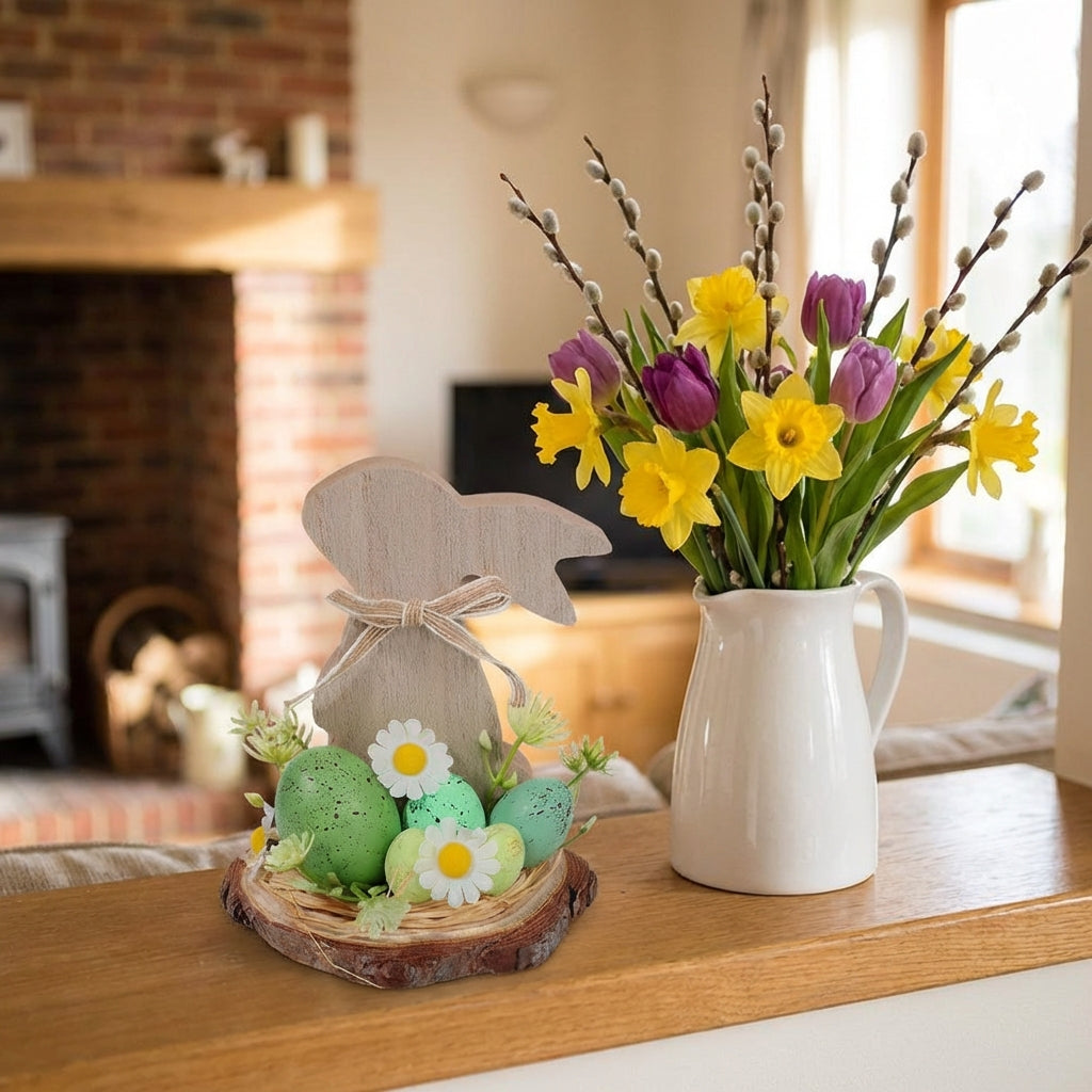 Easter Bunny Figurine Solid Wood Wooden Bunny Figurine 3D Design Rustic Easter Decoration for Interior Decorators, Homeowners, Mantlepiece, Mantel