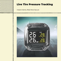 Motorcycle Tire Pressure tracking System, cordless TPMS, instant pressure and temperature alerts, waterproof, universal fit, easy installation