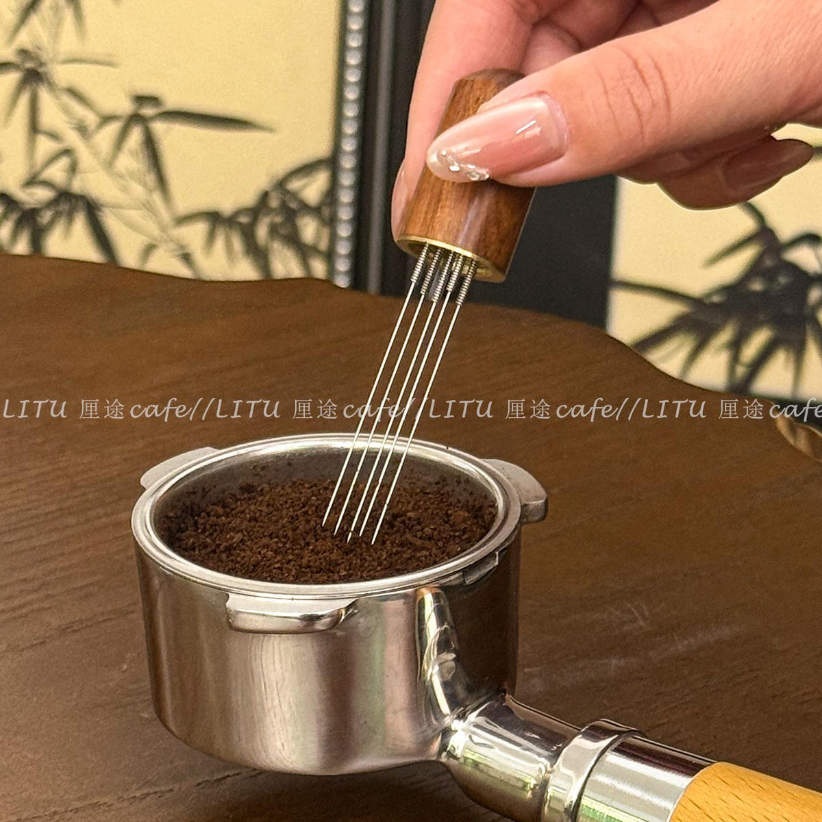 Stainless Steel Coffee Distribution Needle with Wooden Handle and Storage