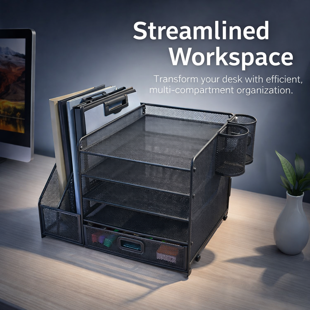 5-Tier Metal Mesh Desk Storage, Desktop Organiser for Office, Stackable File Organizer for Students, Document Holder for Workspace