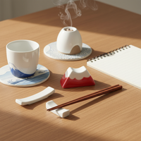 Mount Fuji Ceramic Diffuser Stone & Miniature Ornament Set, Hand-Painted Japanese Micro-Landscape Decor with Cherry Blossom
